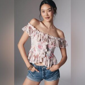 Anthropologie Off-The-Shoulder‎ Pink Floral Mesh Ruffle Top Cottage Core Boho